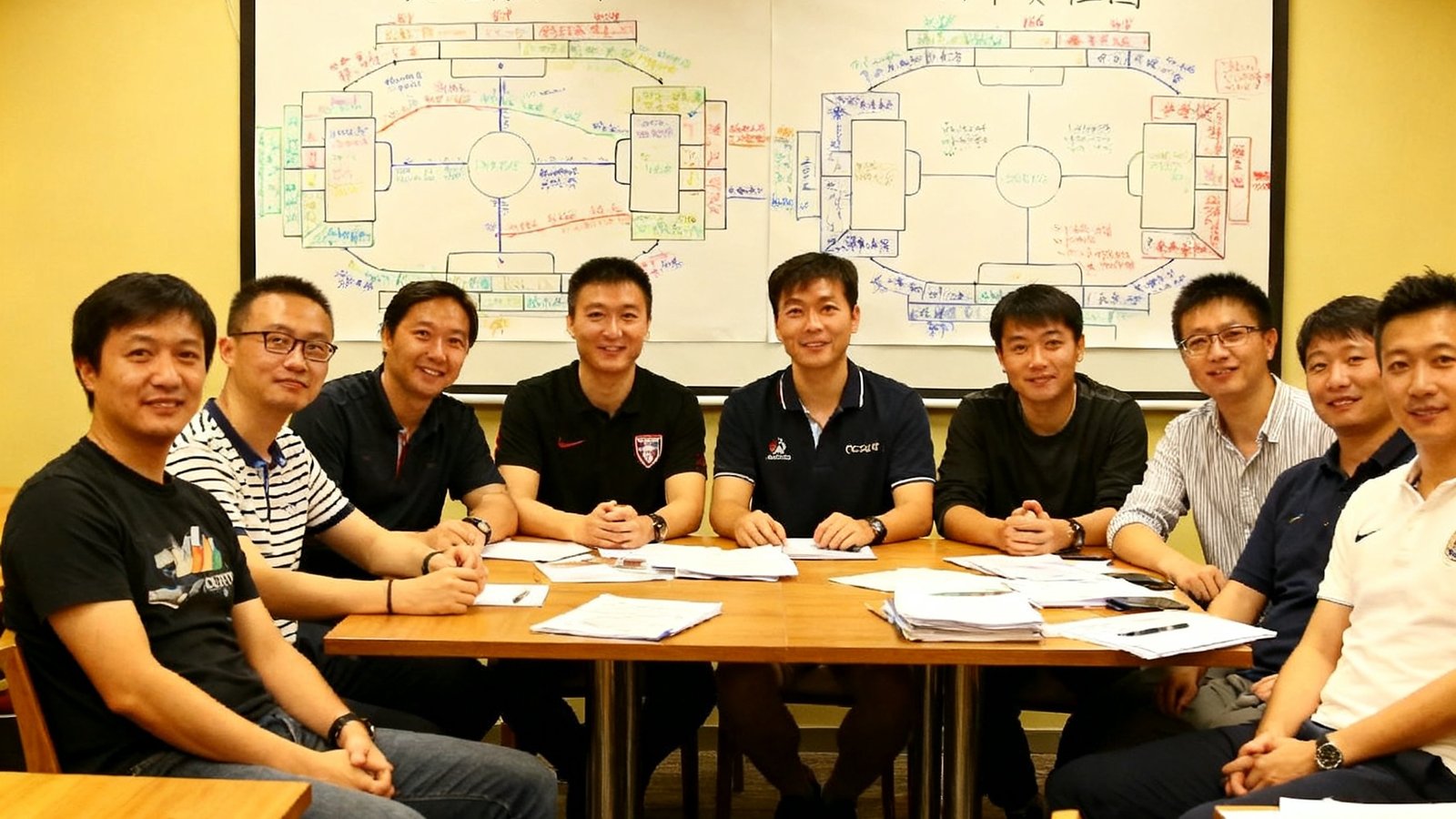 足球直播网创始团队2016年首次会议合影，背景白板上画满英超、西甲赛程图
