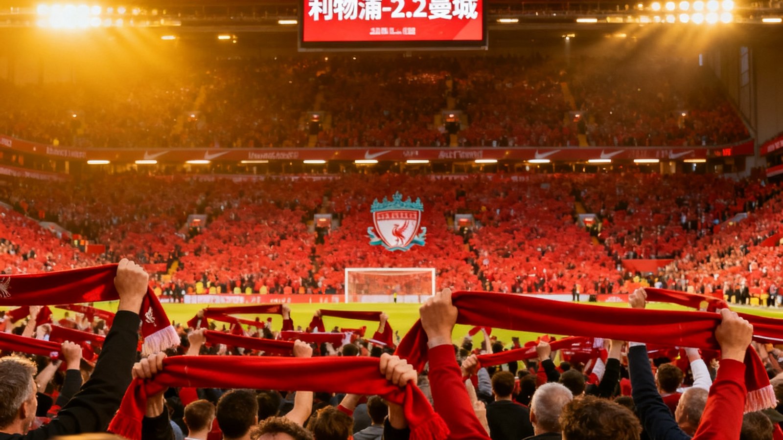 英超利物浦对阵曼城实时比分2比2，安菲尔德球场球迷高举围巾庆祝